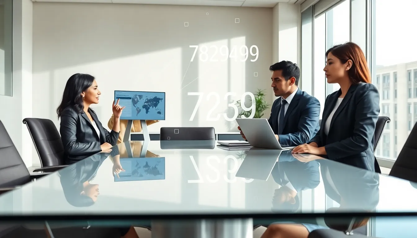 Professionals discussing the significance of the number 7877294939 in a modern office.